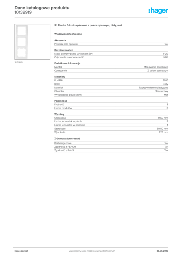 Zdjęcie Hager Karta katalogowa 10139919 | Hager Polska