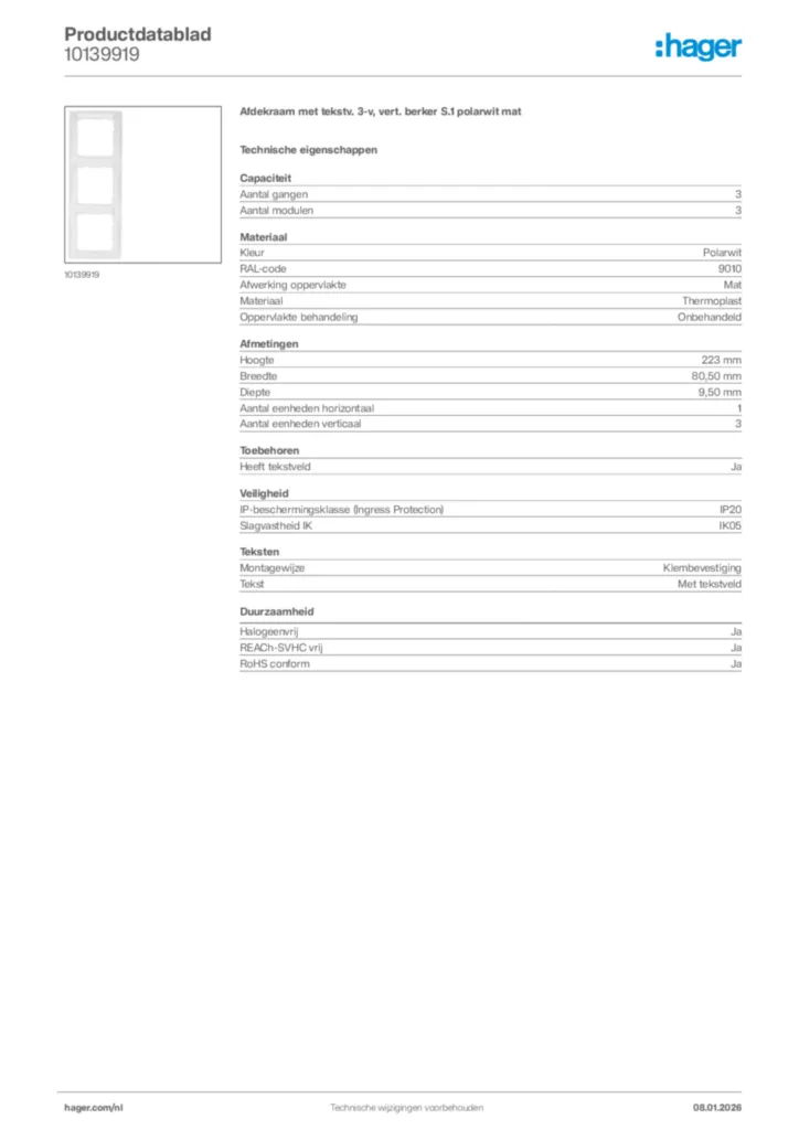 Afbeelding Hager Productdatablad 10139919 | Hager Nederland