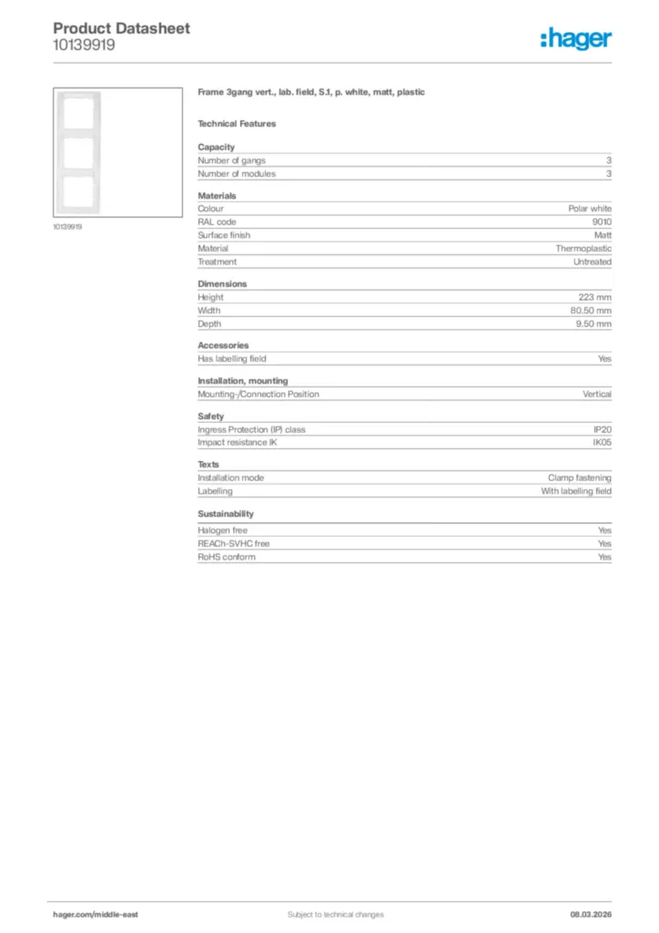 Image Hager Product data sheet 10139919  | Hager
