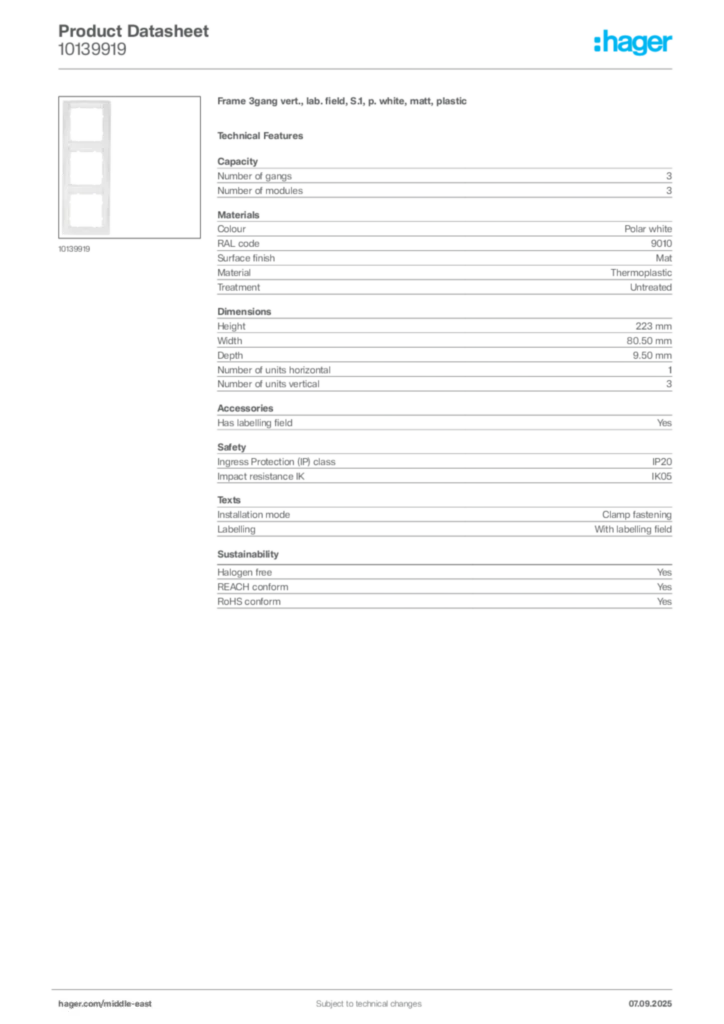 Image Hager Product data sheet 10139919  | Hager