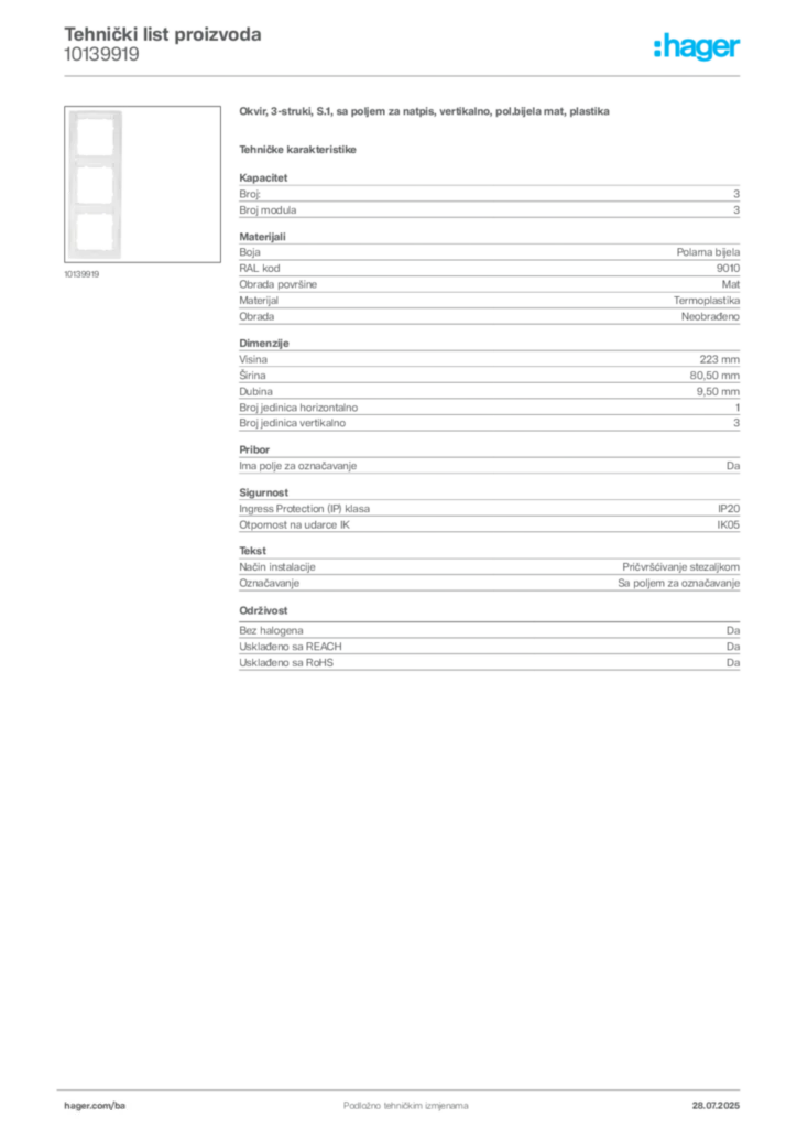 Slika Hager Product data sheet 10139919  | Hager