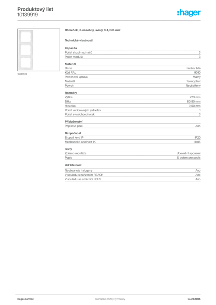 Obrázek Hager Produktový list 10139919 | Hager