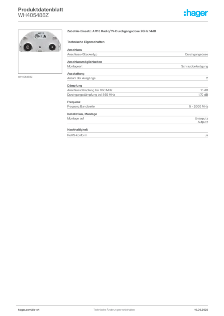 Bild Hager Produktdatenblatt WH405488Z | Hager Schweiz