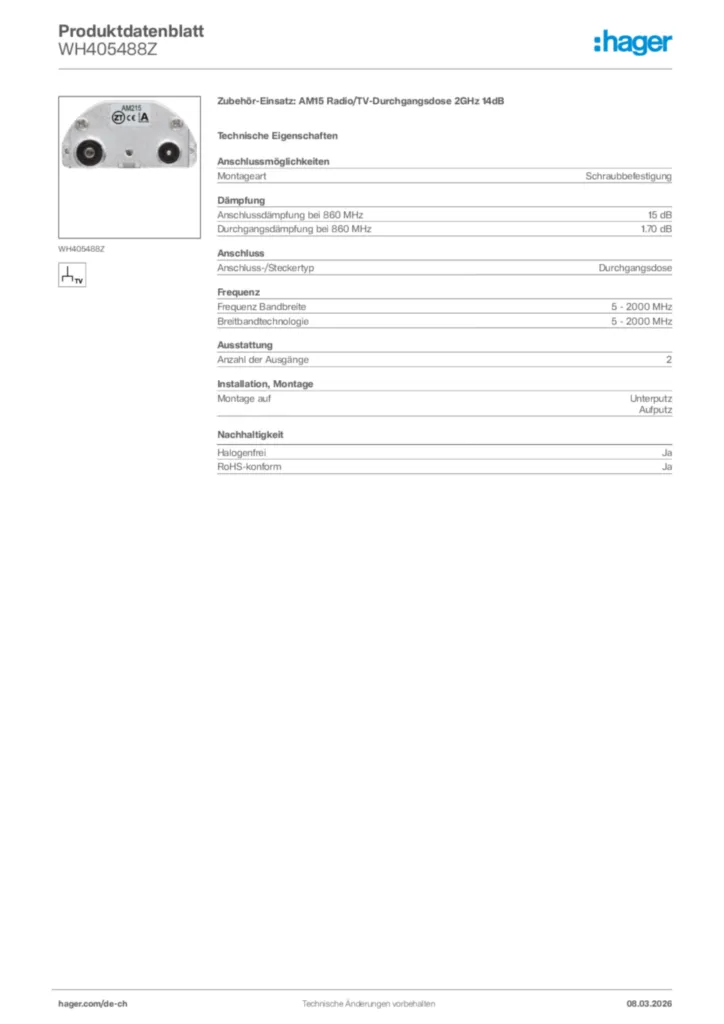 Bild Hager Produktdatenblatt WH405488Z | Hager Schweiz