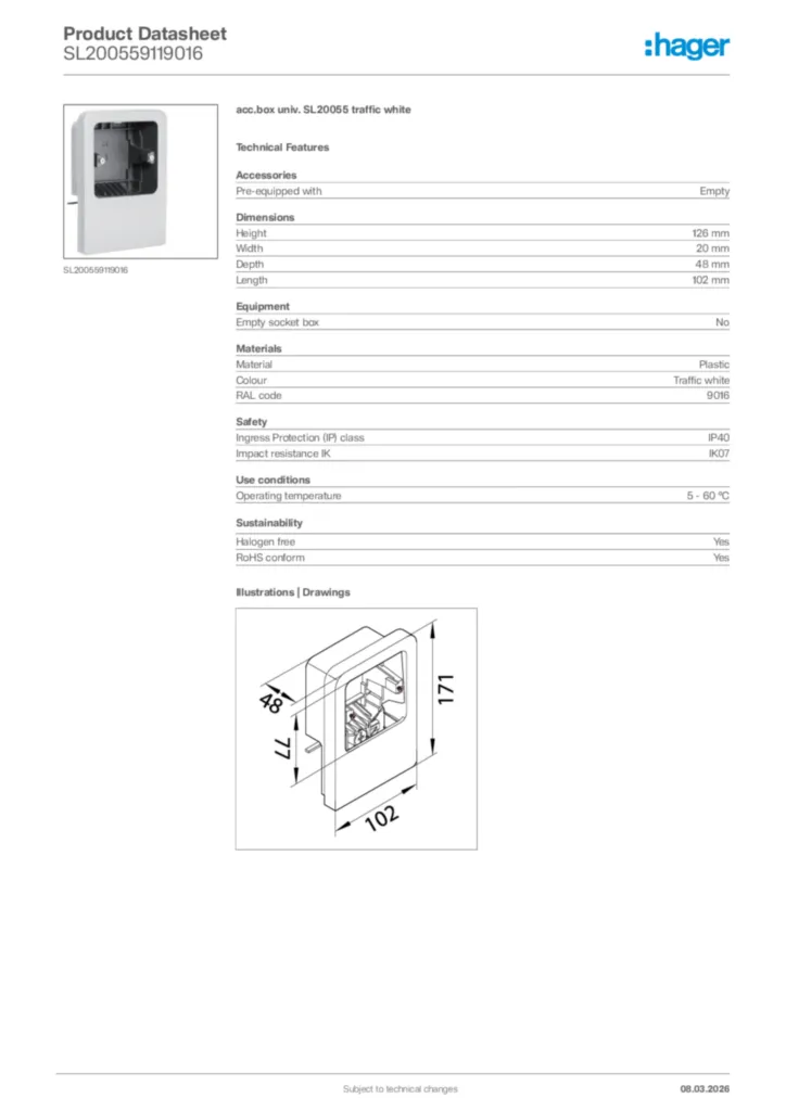 Image Hager Product data sheet SL200559119016  | Hager Africa