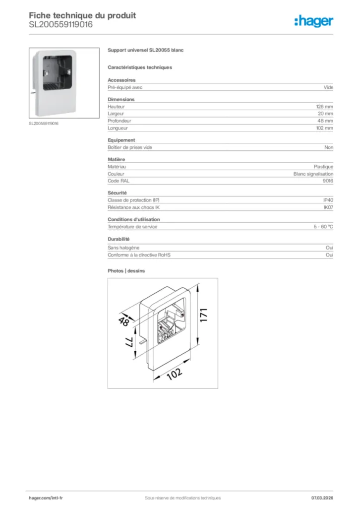 Image Hager Fiche technique du produit SL200559119016 | Hager Afrique