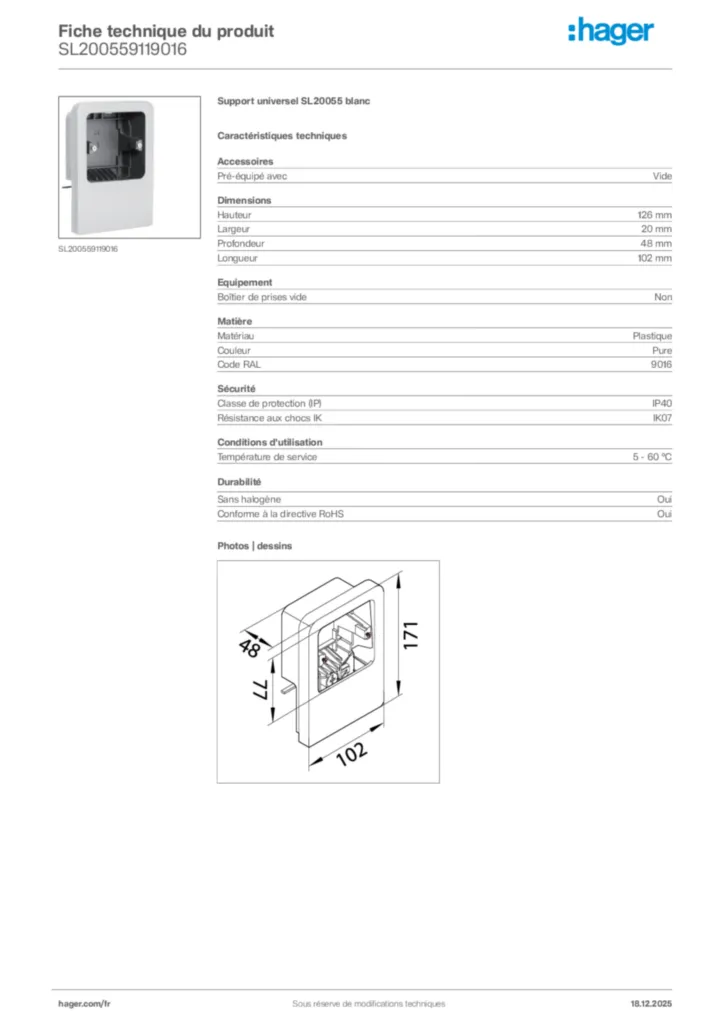 Image Hager Fiche technique du produit SL200559119016 | Hager France