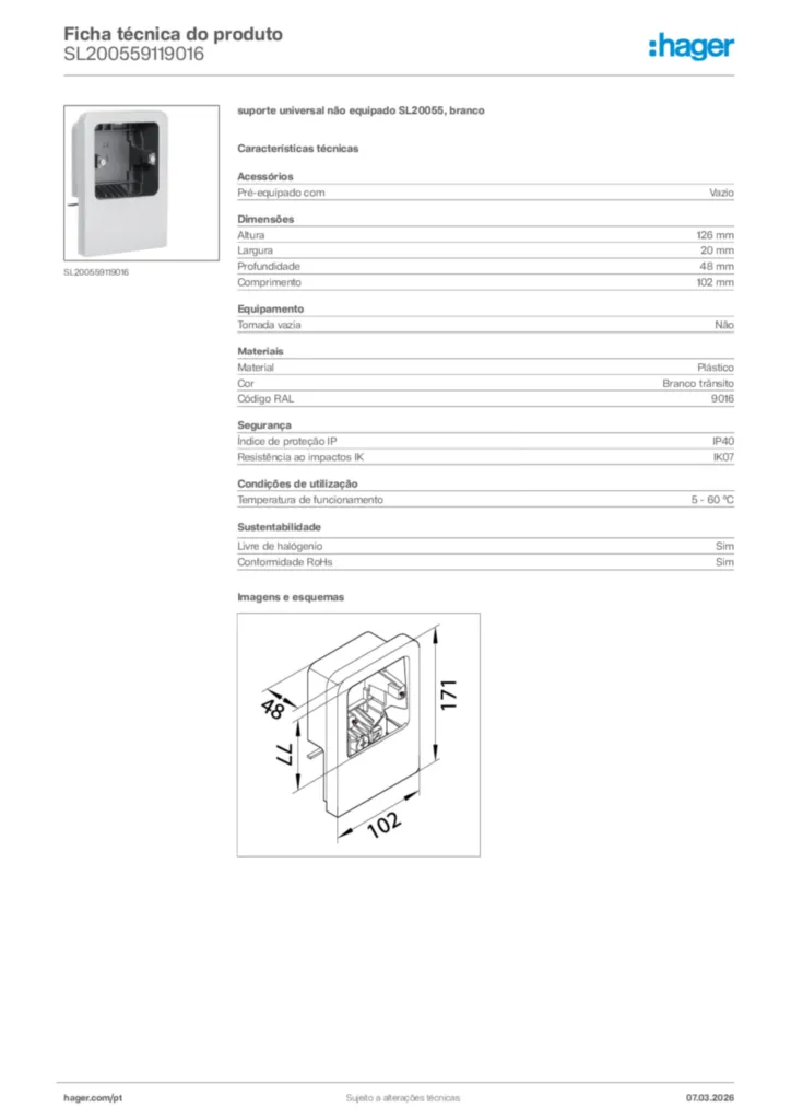 Imagem Hager Ficha técnica do produto SL200559119016 | Hager Portugal