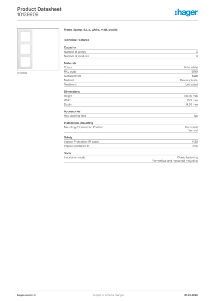 Image Hager Product data sheet 10139909  | Hager