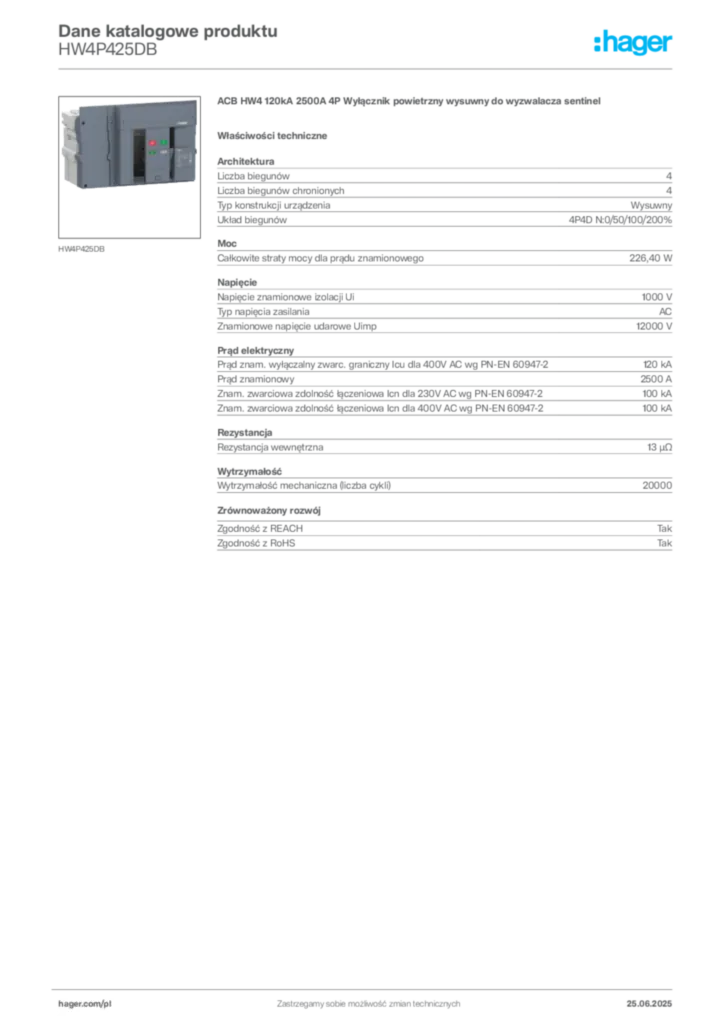 Zdjęcie Hager Karta katalogowa HW4P425DB | Hager Polska