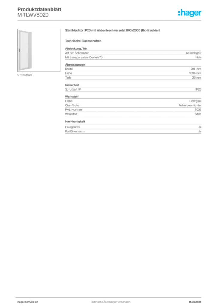 Bild Hager Produktdatenblatt M-TLWV8020 | Hager Schweiz