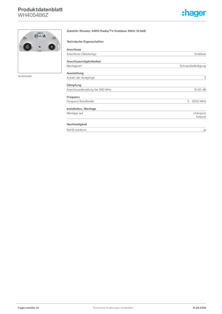 Bild Hager Produktdatenblatt WH405486Z | Hager Schweiz