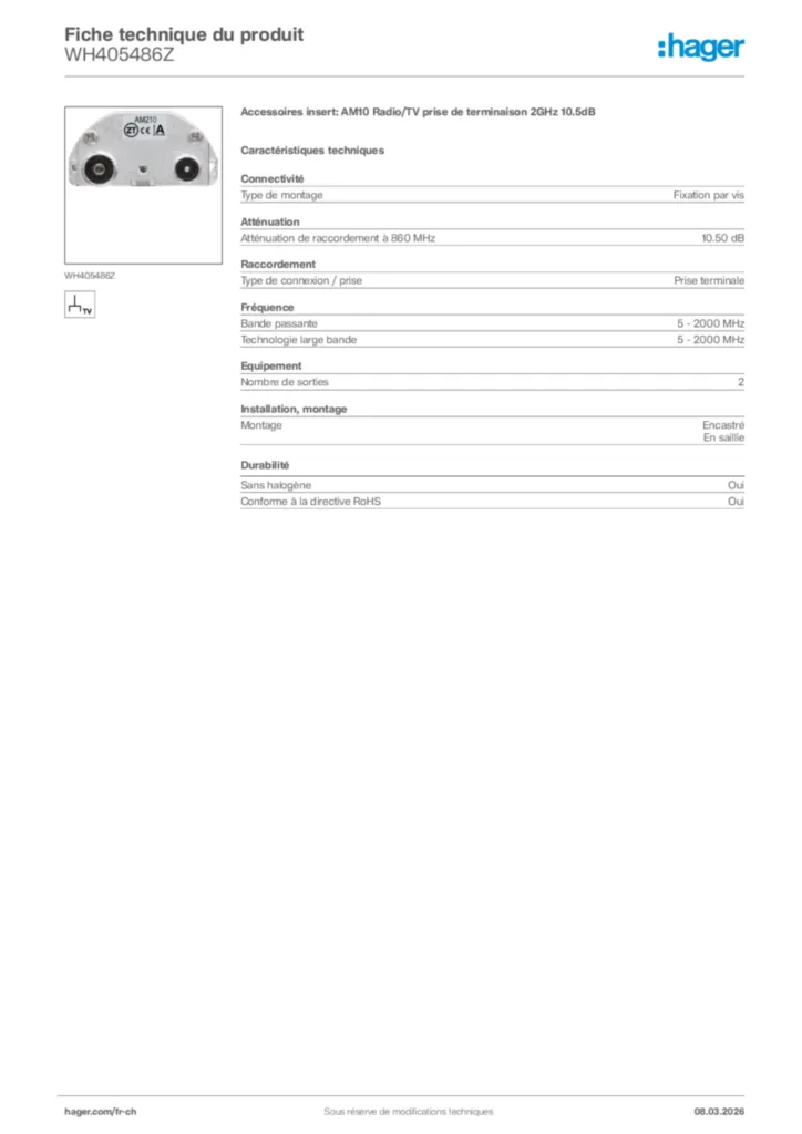 Image Hager Fiche technique du produit WH405486Z | Hager Suisse