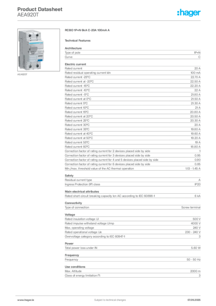 Image Hager Product data sheet AEA920T  | Hager