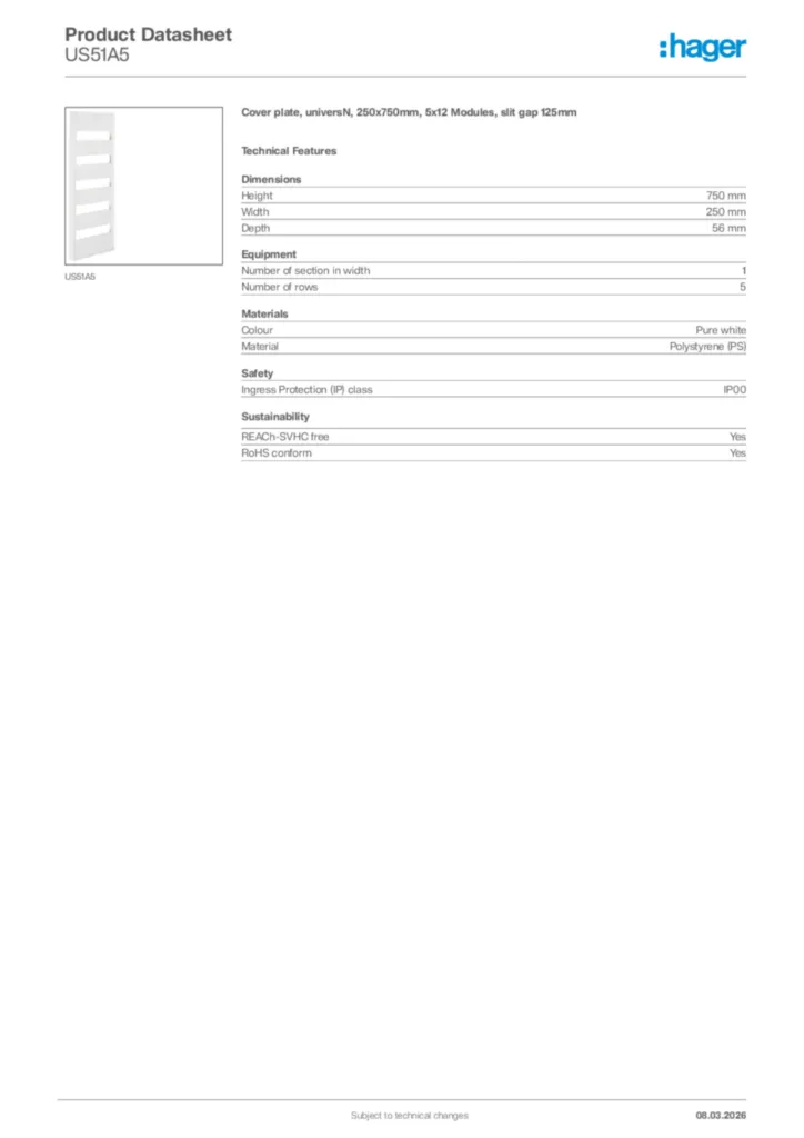 Image Hager Product data sheet US51A5  | Hager Africa
