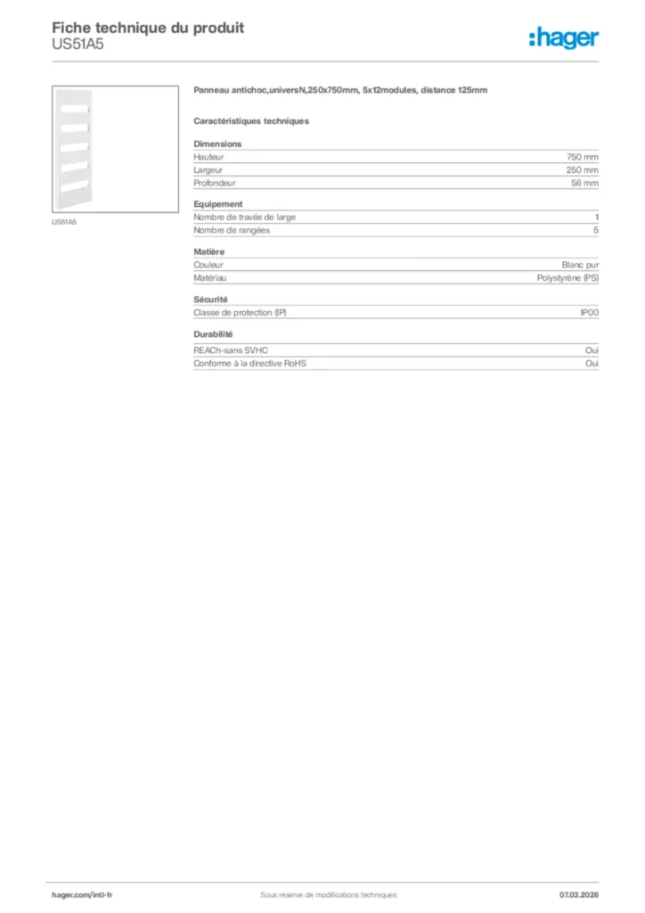 Image Hager Fiche technique du produit US51A5 | Hager Afrique