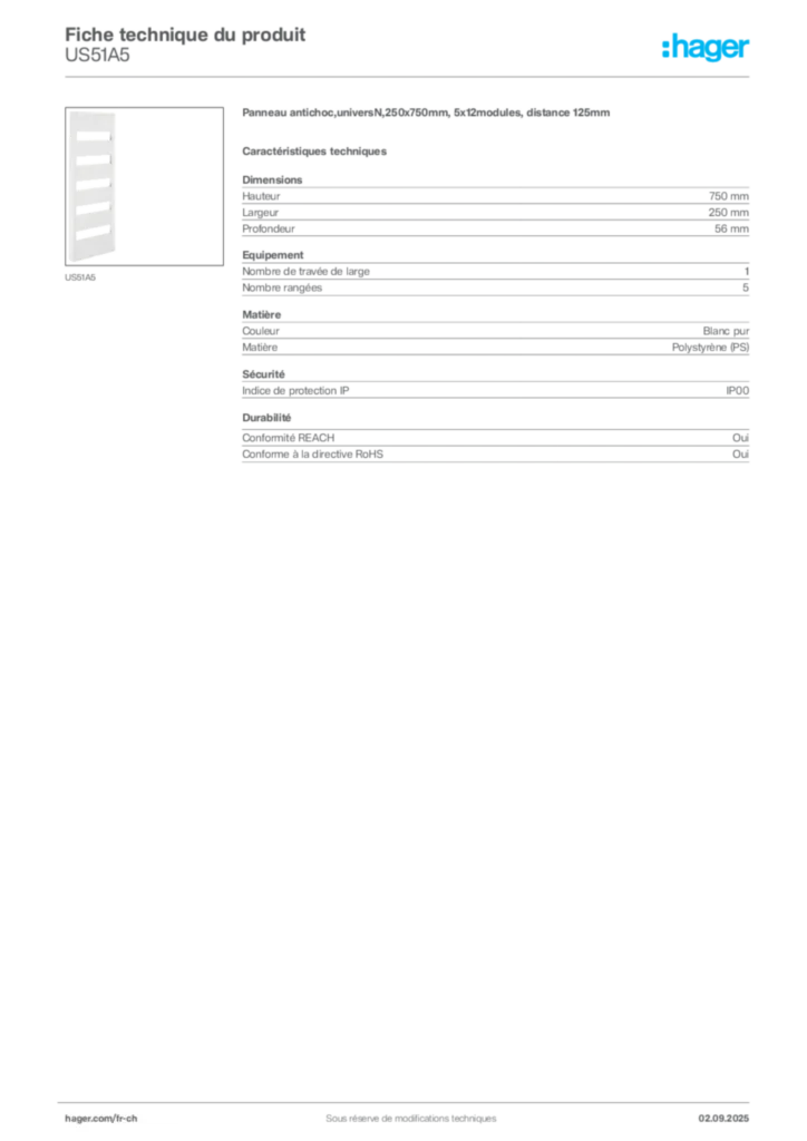 Image Hager Fiche technique du produit US51A5 | Hager Suisse