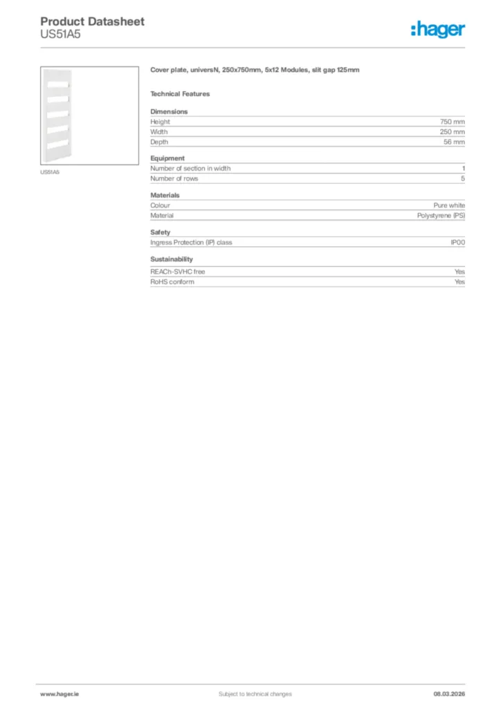 Image Hager Product data sheet US51A5  | Hager