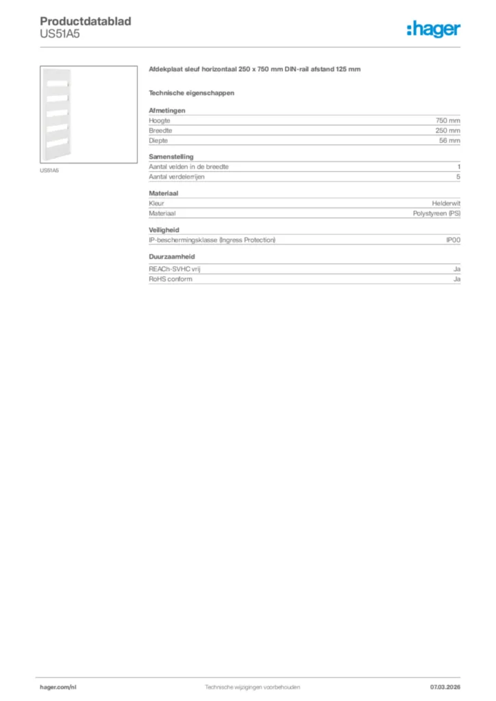 Afbeelding Hager Productdatablad US51A5 | Hager Nederland