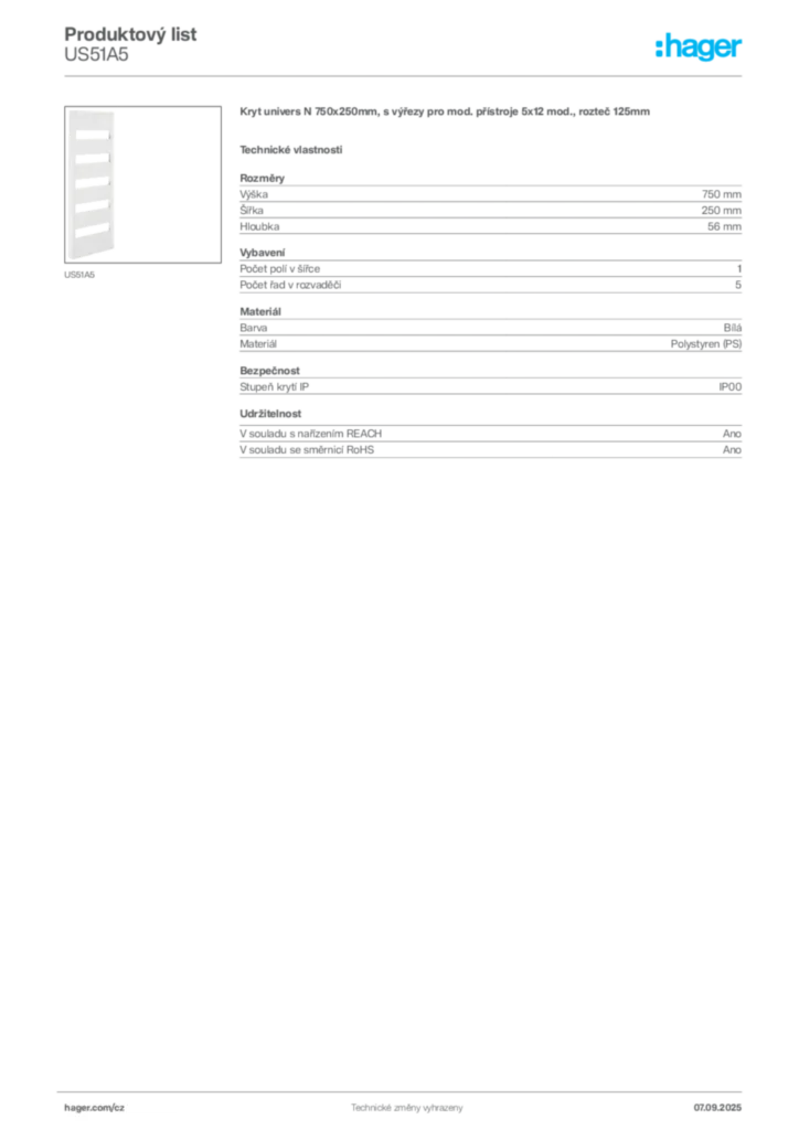 Obrázek Hager Produktový list US51A5 | Hager