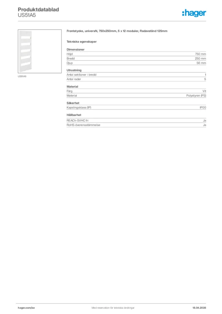 Bild Hager Produktdatablad US51A5 | Hager Sverige