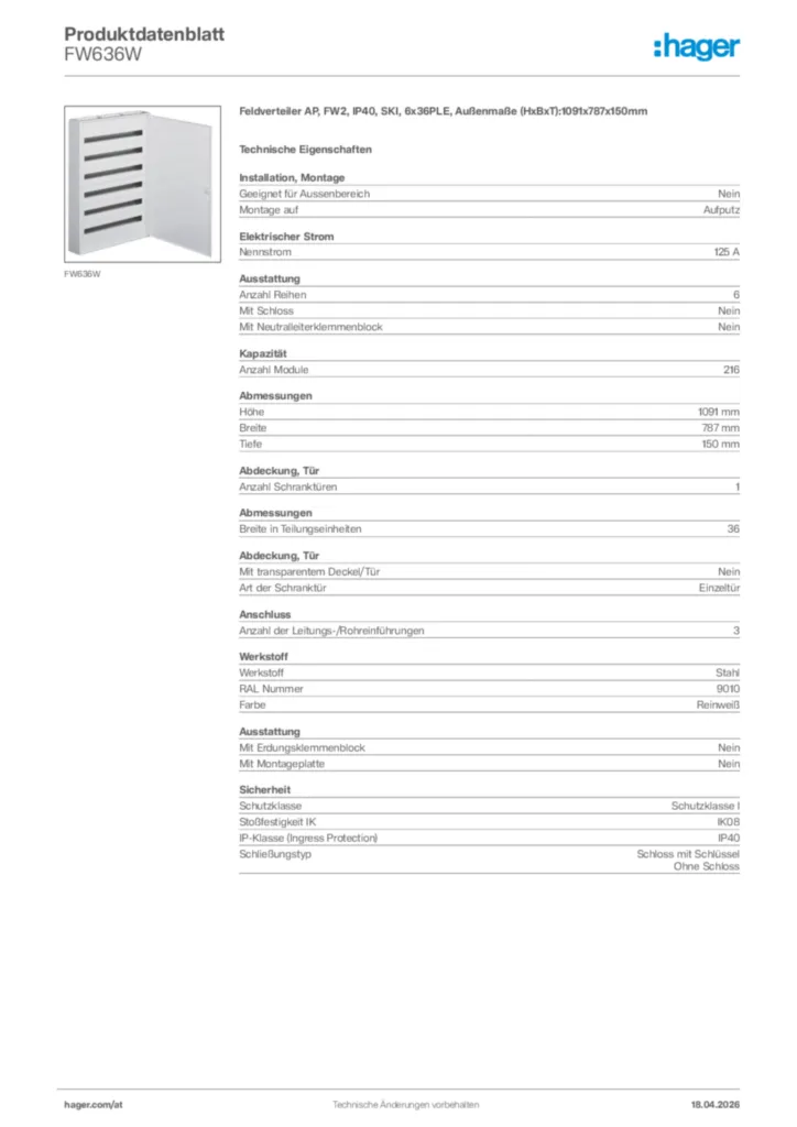 Bild Hager Produktdatenblatt FW636W | Hager Deutschland