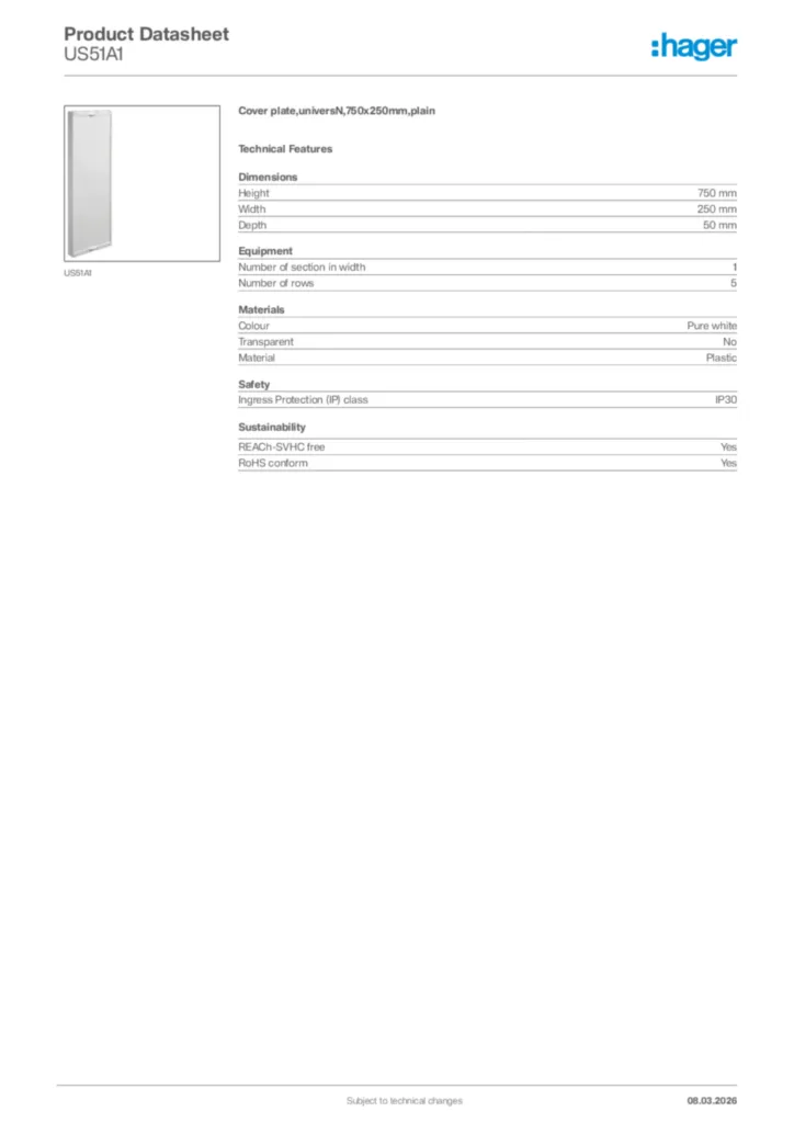 Image Hager Product data sheet US51A1  | Hager Africa