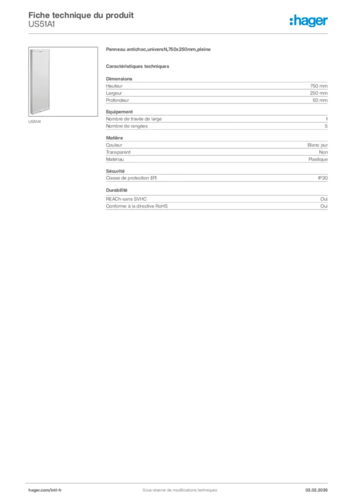 Image Hager Fiche technique du produit US51A1 | Hager Afrique