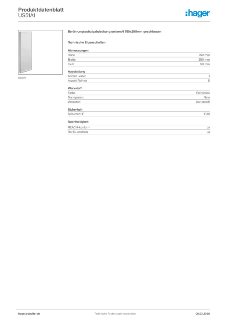 Bild Hager Produktdatenblatt US51A1 | Hager Schweiz