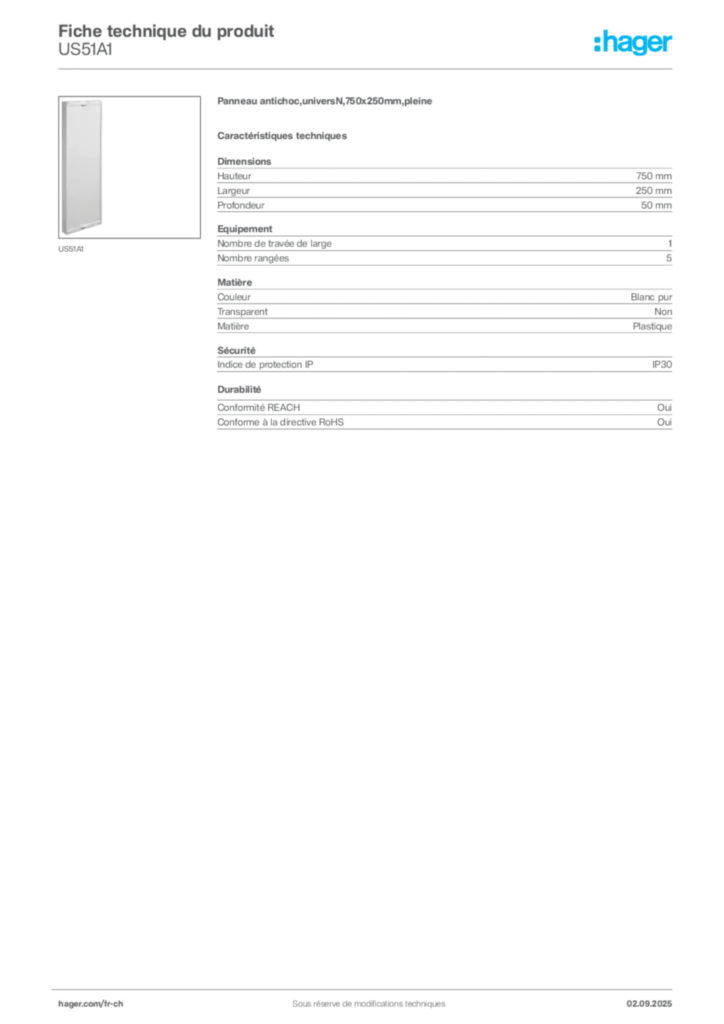 Image Hager Fiche technique du produit US51A1 | Hager Suisse