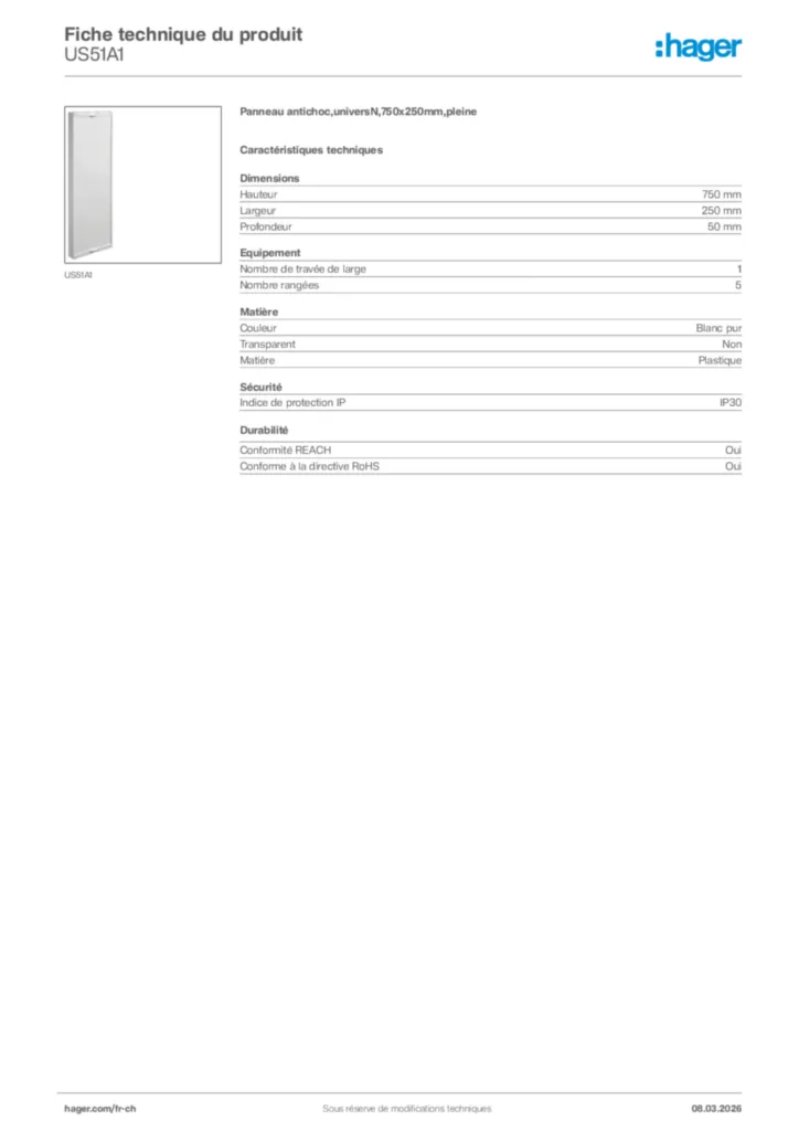 Image Hager Fiche technique du produit US51A1 | Hager Suisse