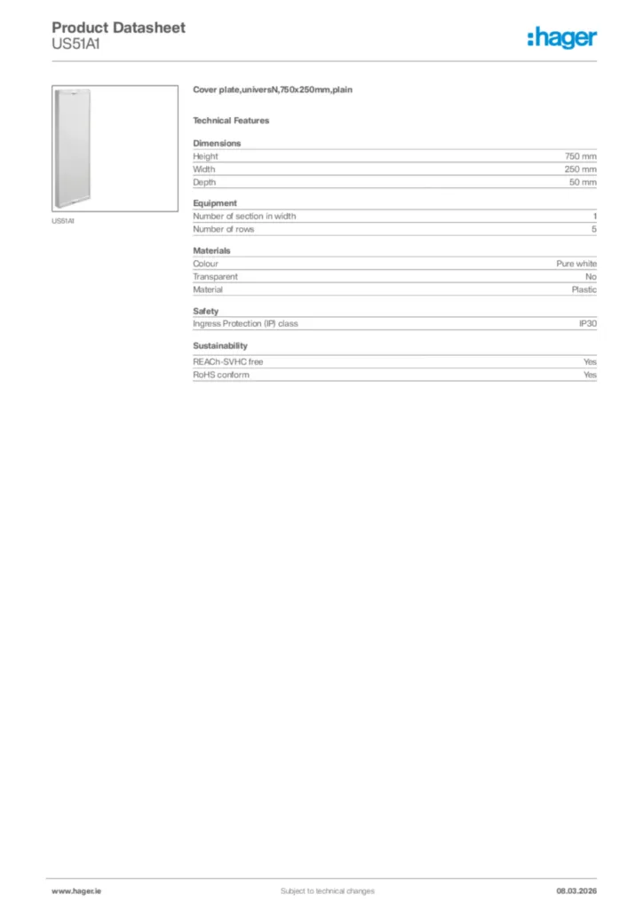 Image Hager Product data sheet US51A1  | Hager