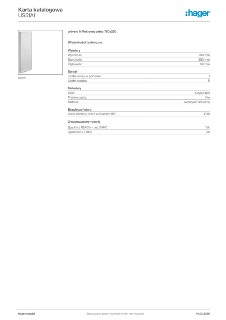 Zdjęcie Hager Karta katalogowa US51A1 | Hager Polska