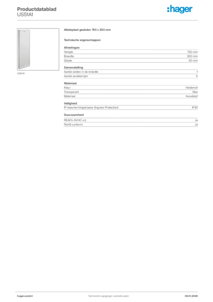 Afbeelding Hager Productdatablad US51A1 | Hager Nederland
