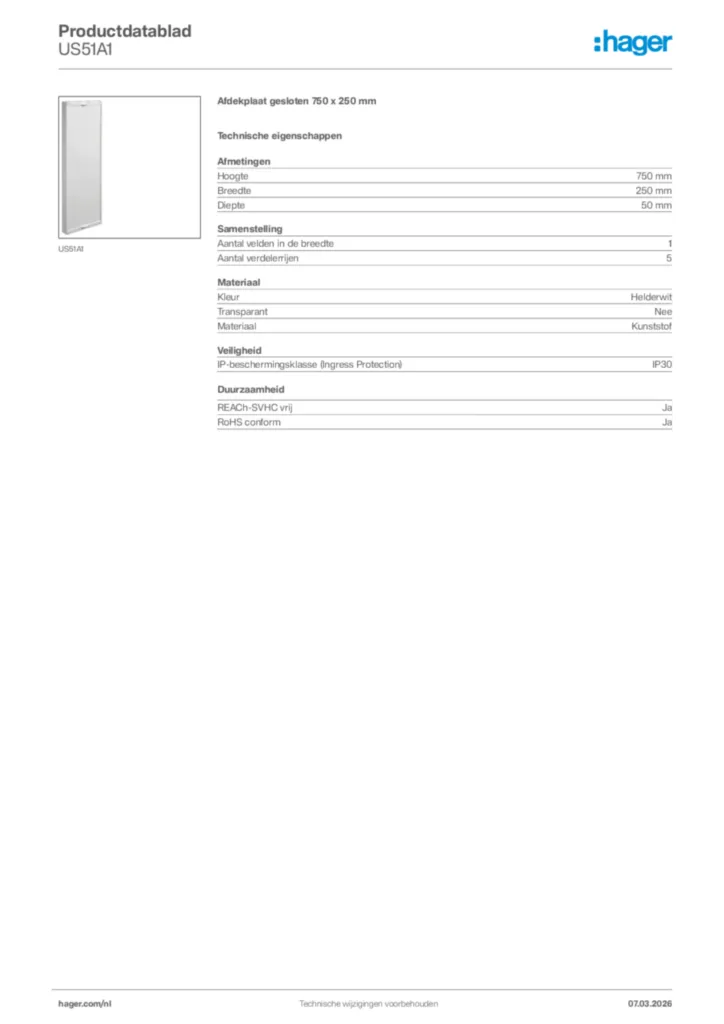 Afbeelding Hager Productdatablad US51A1 | Hager Nederland