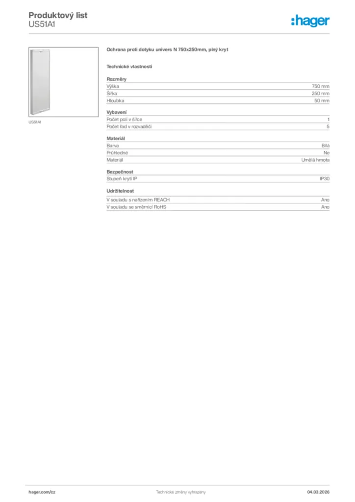 Obrázek Hager Product data sheet US51A1 | Hager