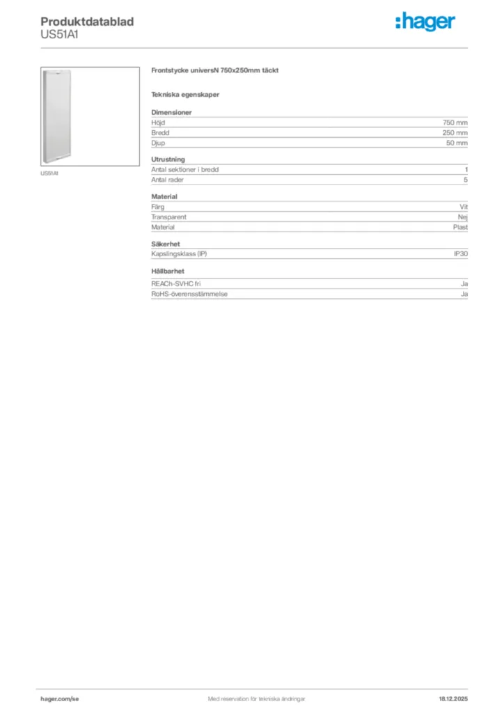Bild Hager Produktdatablad US51A1 | Hager Sverige