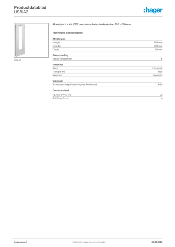 Afbeelding Hager Productdatablad US51A2 | Hager Nederland