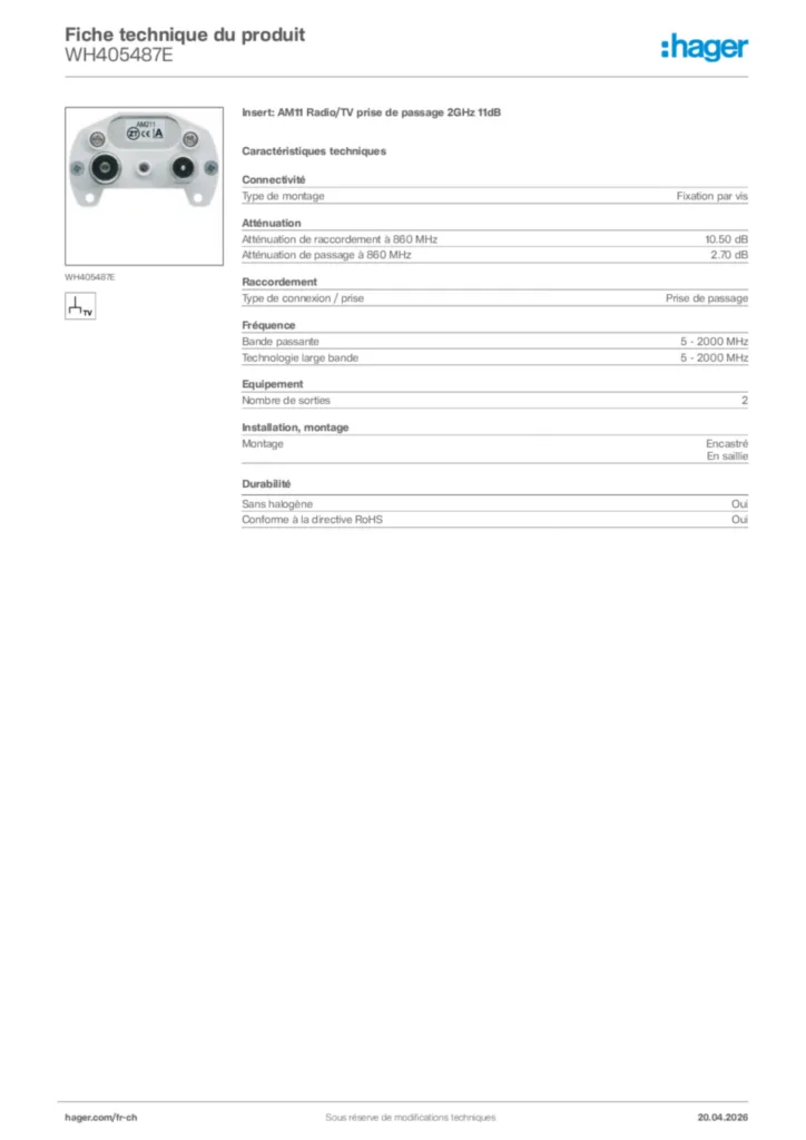 Image Hager Fiche technique du produit WH405487E | Hager Suisse