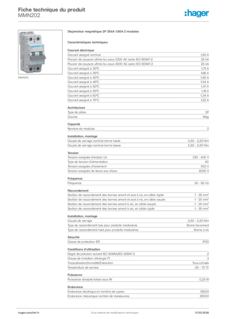 Image Hager Fiche technique du produit MMN202 | Hager Afrique