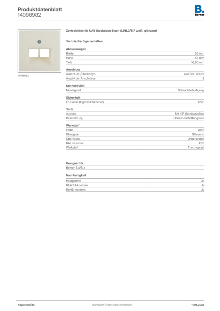 Bild Berker Produktdatenblatt 14098982 | Hager Deutschland