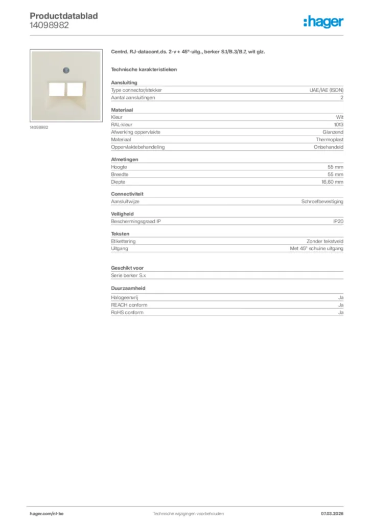 Afbeelding Hager Productdatablad 14098982 | Hager Belgium