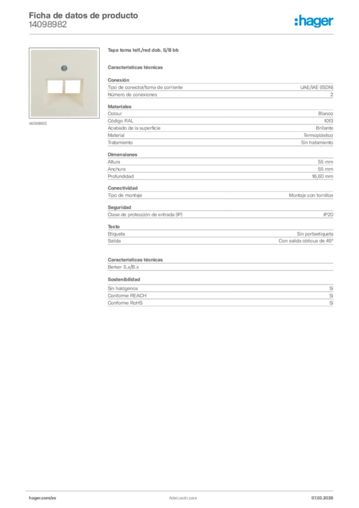 Imagen Hager Ficha de datos de producto 14098982 | Hager España