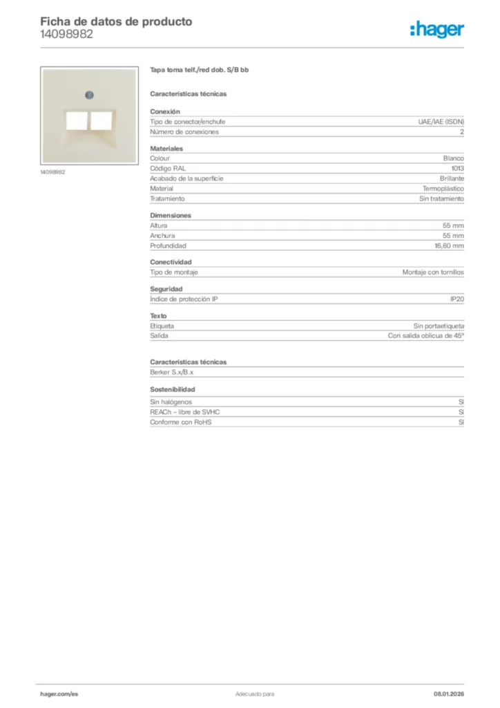 Imagen Hager Ficha de datos de producto 14098982 | Hager España