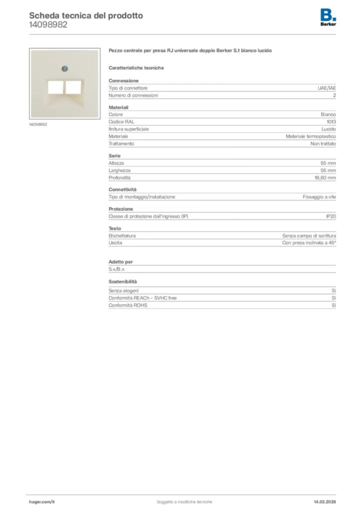 Immagine Berker Scheda tecnica del prodotto 14098982 | Hager Italia