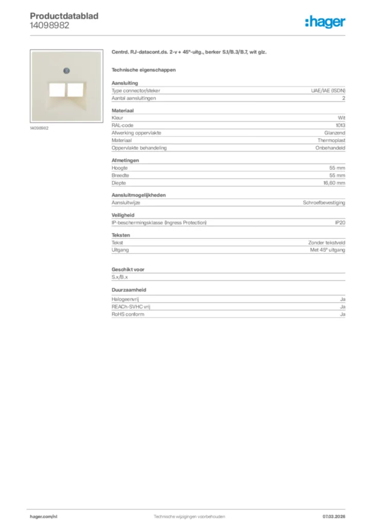 Afbeelding Hager Productdatablad 14098982 | Hager Nederland