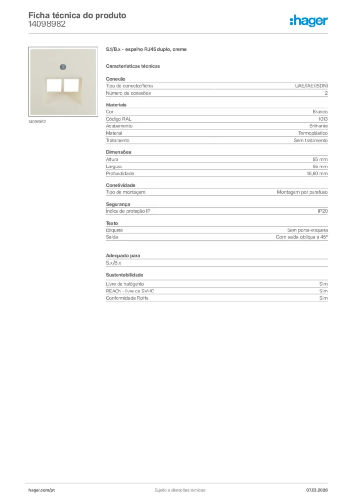 Imagem Hager Ficha técnica do produto 14098982 | Hager Portugal