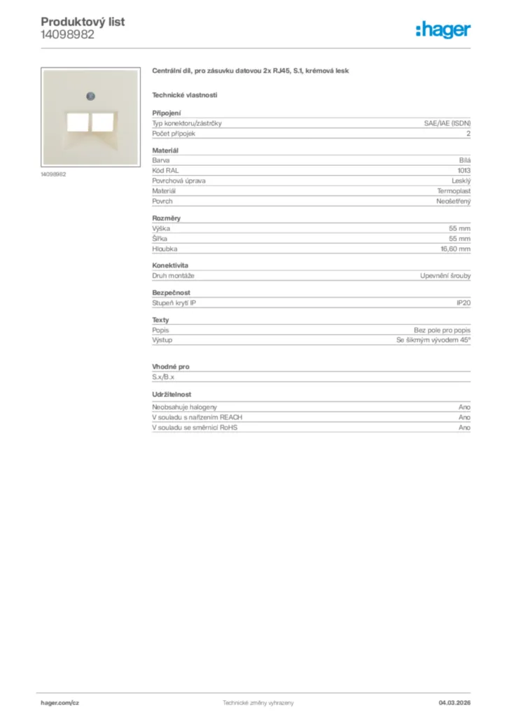Obrázek Hager Product data sheet 14098982 | Hager
