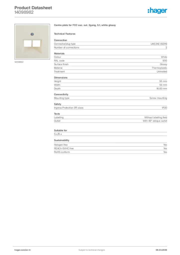 Image Hager Product data sheet 14098982  | Hager