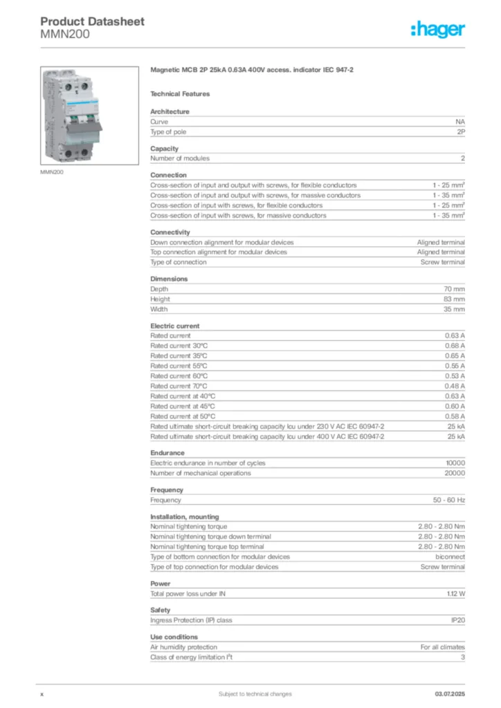 Image Hager Product data sheet MMN200  | Hager Africa